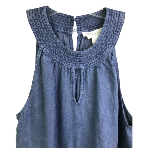 C&C California Mini Dress Womens M Blue Linen Sleeveless Keyhole Front High Neck - Picture 3 of 8